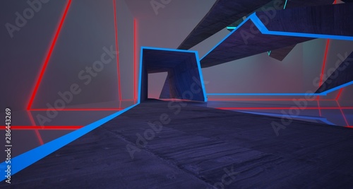 Abstract architectural concrete and white interior of a minimalist house with color gradient neon lighting. 3D illustration and rendering.