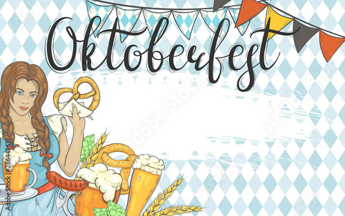Banner for Oktoberfest. Background with girl, beer, sausages and other