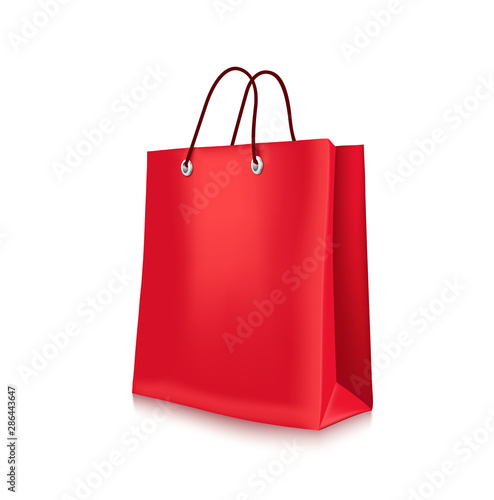 Blank paper shopping bag with rope handles isolated in white. Vector illustration