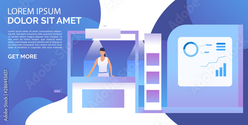 Businesswoman presenting isometric sale stands landing template. Expo demonstration, mall marketing event. Product exhibition concept. Vector illustration for webpage, landing page