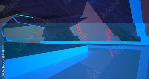 Abstract architectural concrete and white interior of a minimalist house with color gradient neon lighting. 3D illustration and rendering.