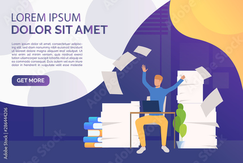 Office man coping with paper work landing template. Mess, paper piles, employer. Unorganized office work concept. Vector illustration for webpage, landing page