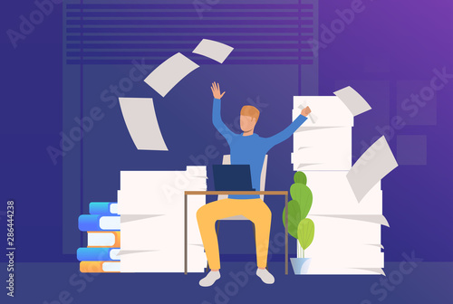 Office man coping with paper work. Mess, paper piles, employer. Unorganized office work concept. Vector illustration for webpage, landing page