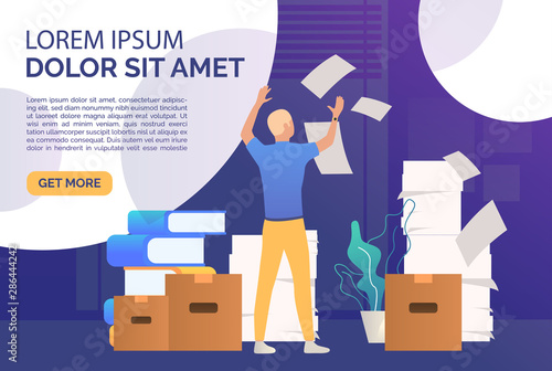 Office man dealing with paper work landing template. Mess, paper piles, employer. Unorganized office work concept. Vector illustration for webpage, landing page