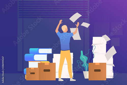 Office man dealing with paper work. Mess, paper piles, employer. Unorganized office work concept. Vector illustration for webpage, landing page
