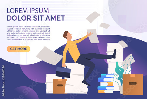 Office man doing paper work landing template. Mess, paper piles, employer. Unorganized office work concept. Vector illustration for webpage, landing page