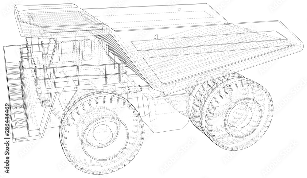 Heavy duty dump truck tipper drawing on white. EPS10 format. Vector created of 3d. Wire-frame style.