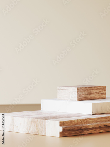 Fototapeta Naklejka Na Ścianę i Meble -  Cosmetic background for product presentation.  Wood and marble stack podium on earth tone color background. 3d rendering illustration.