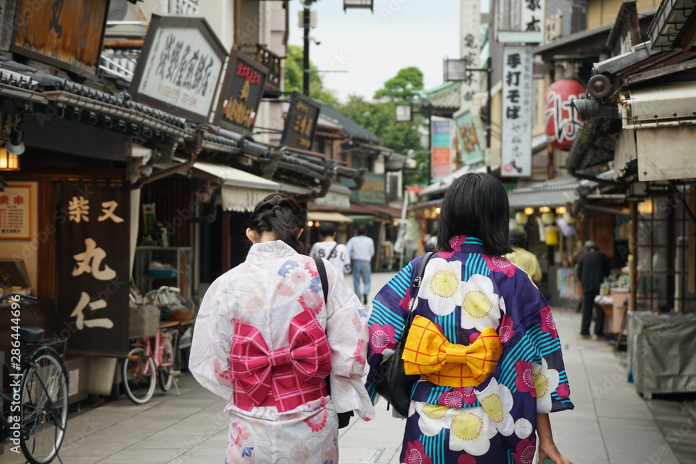 Japanese kimono girls walking on street