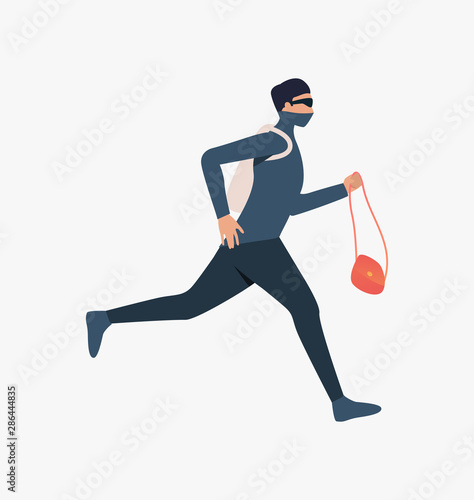 Thief running with handbag. Car burglary, thieves, criminals wearing black clothes. Crime concept. Vector illustration for webpage, landing page