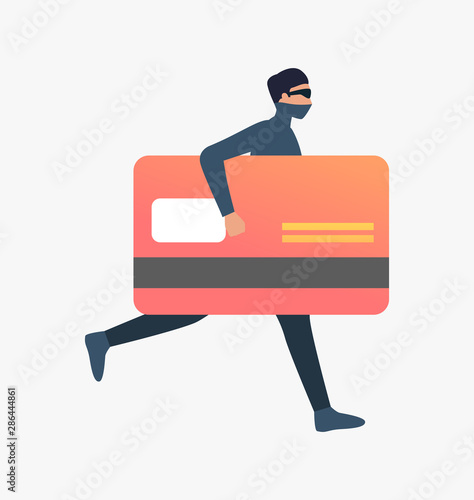 Thief running with plastic card. Car burglary, thieves, criminals wearing black clothes. Crime concept. Vector illustration for webpage, landing page