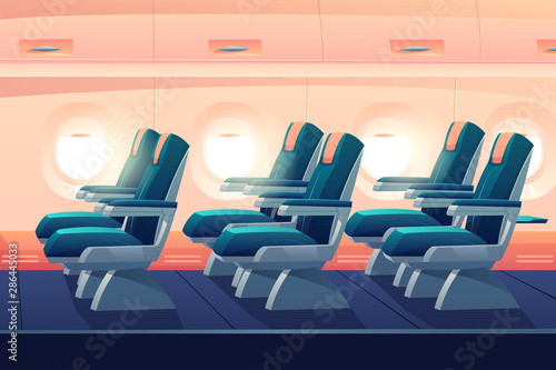 Airplane cabin, plane economy class with seats side view. Empty bright salon aisle with blue chairs in in aircraft, cozy places. Comfortable armchairs for journey, jet trip Cartoon vector illustration