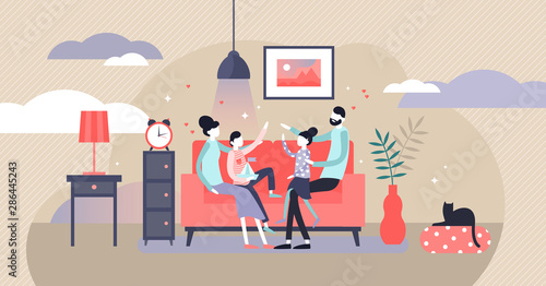 Family at home vector illustration. Flat tiny together joy persons concept.