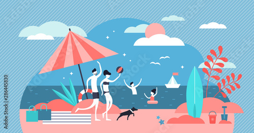 Family at beach vector illustration. Flat tiny summer relax persons concept