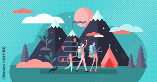 Family camping vector illustration. Flat tiny exploration persons concept.