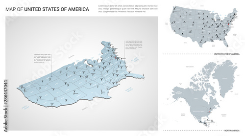 Vector set of United States of America country. Isometric 3d map, United States of America map, North America map - with region, state names and city names.