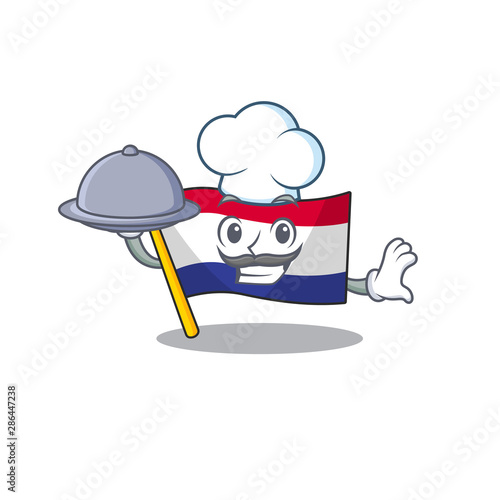 Chef with food flag netherlands fluttered on cartoon pole