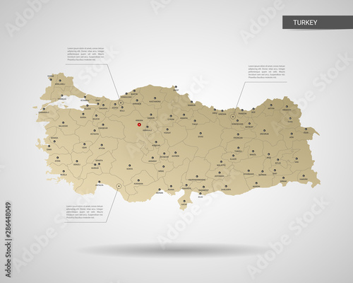 Stylized vector Turkey map.  Infographic 3d gold map illustration with cities, borders, capital, administrative divisions and pointer marks, shadow; gradient background. 