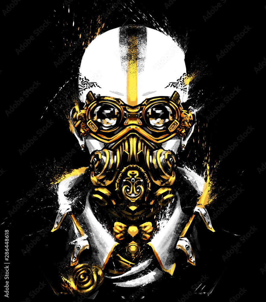 Εκτύπωση καμβά Bald punk girl in jacket and unusual steampunk glasses and respiratory mask