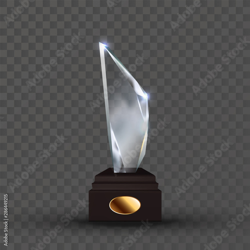 Reflection Glass Trophy In Crystal Shape Vector. Glossy Trophy On Wooden Pedestal With Empty Golden Oval Plate. Sport Reward For First Place Championship Template Realistic 3d Illustration