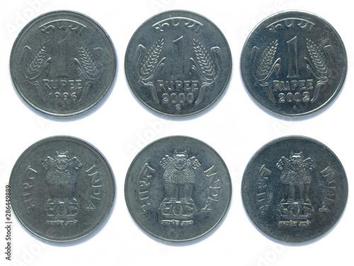 Foto Set of 3 (three) Indian 1 Rupee different years stainless steel coins lot 1996, 2000, 2002 year, India