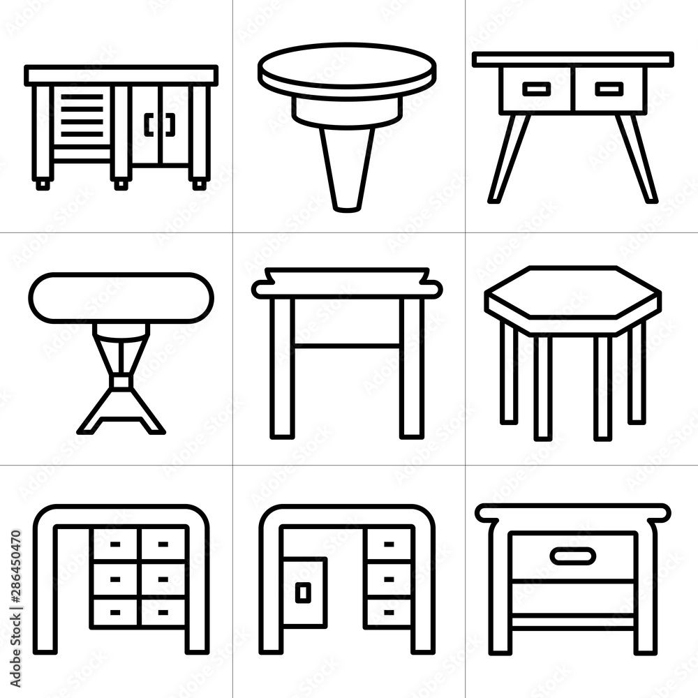 desk, table and chair icons set, line design desk, table and chair icons set, line design