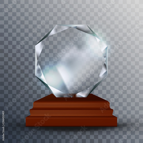 Modern Reflection Blank Glass Trophy Award Vector. Concept Of Glossy Blank Round Trophy On Wooden Pedestal. Clear Prestigious Prize Reward Scientist Or Inventor Template Realistic 3d Illustration