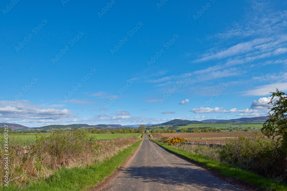 Looking towards Glen Prosen in the Angus Glens from a small minor straight road, heading towards Inverharity Castle on a sunny Morning in May.