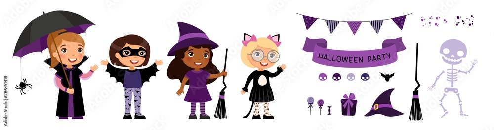 Children in spooky monsters costumes flat vector illustrations set. Halloween party decorations pack. Trick or treat october holiday tradition. Broom, hat and skeleton cartoon stickers pack Children in spooky monsters costumes flat vector illustrations set. Halloween party decorations pack. Trick or treat october holiday tradition. Broom, hat and skeleton cartoon stickers pack