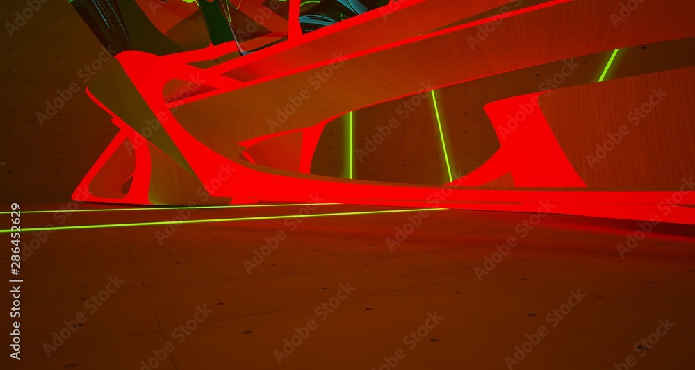 Abstract architectural concrete and wood smooth interior of a minimalist house with color gradient neon lighting. 3D illustration and rendering.