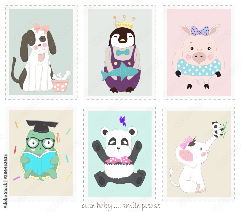 Cute vector illustration of animal cartoon in picture frame. Hand drawn cartoon style