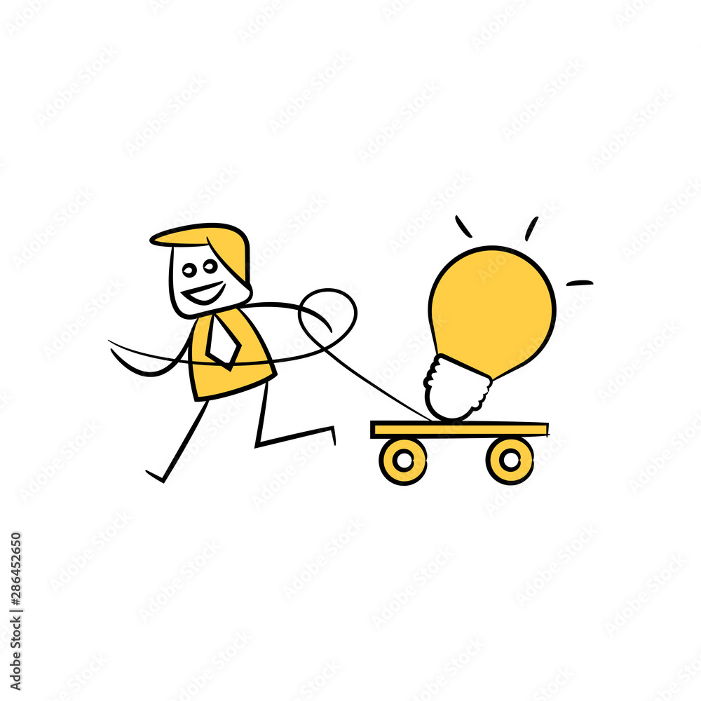 businessman pulling light bulb on trolley yellow stick figure businessman pulling light bulb on trolley yellow stick figure