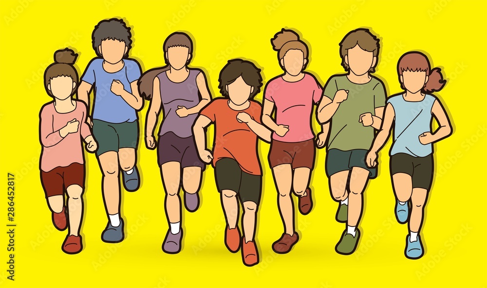 Group of Children running together cartoon graphic vector