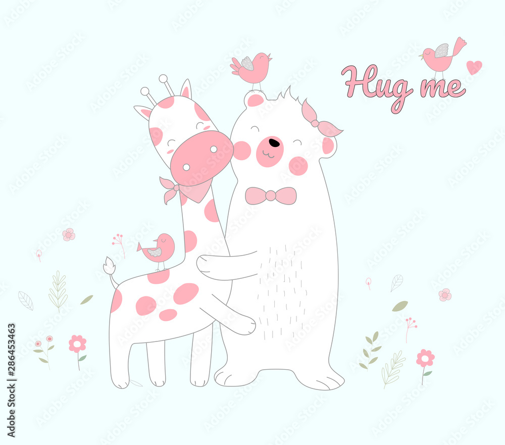 Cute vector illustration of hand drawn style white bear and giraffe happiness