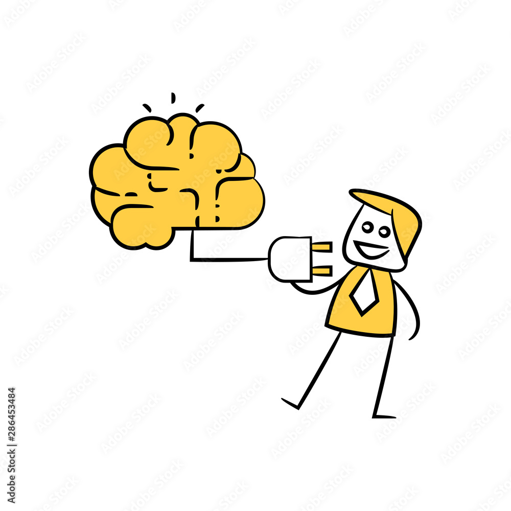 businessman and brain plug icon yellow stick figure businessman and brain plug icon yellow stick figure