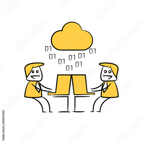 businessman working on laptop and cloud collaboration yellow stick figure