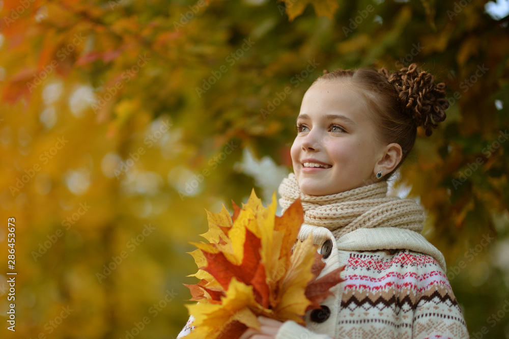 Pretty little girl resting in autumnal park Pretty little girl resting in autumnal park