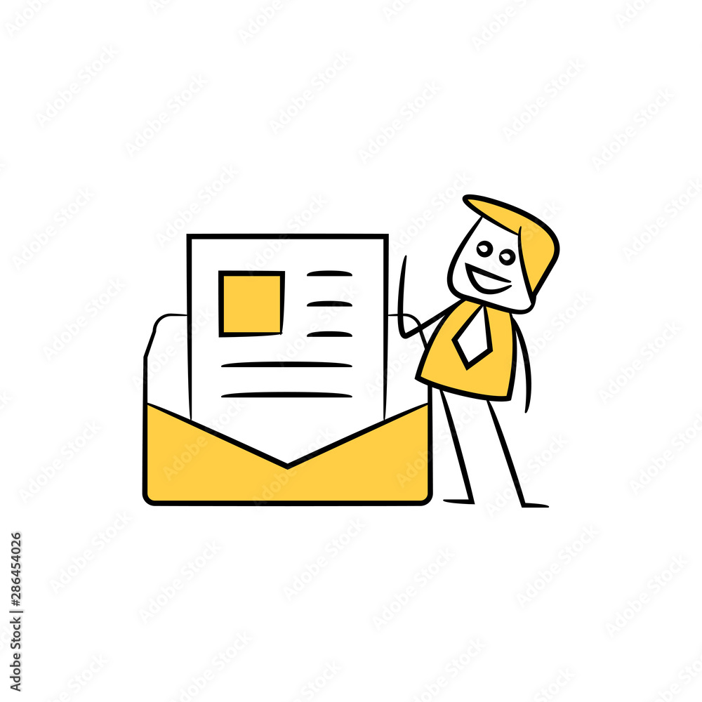 businessman standing next to mail and document yellow stick figure design businessman standing next to mail and document yellow stick figure design