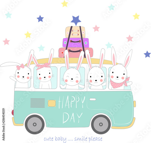 Cute vector illustration of rabbit baby to travel on holiday. cartoon sketch animal style