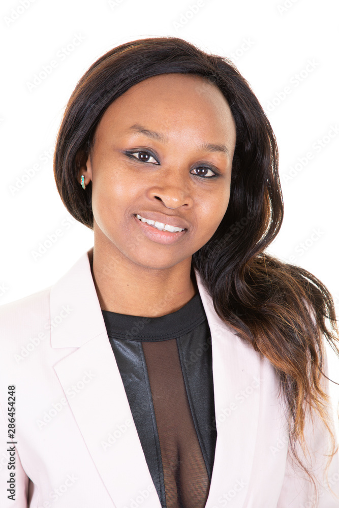 Portrait of confident African American businesswoman in pink jacket isolated in white background Portrait of confident African American businesswoman in pink jacket isolated in white background