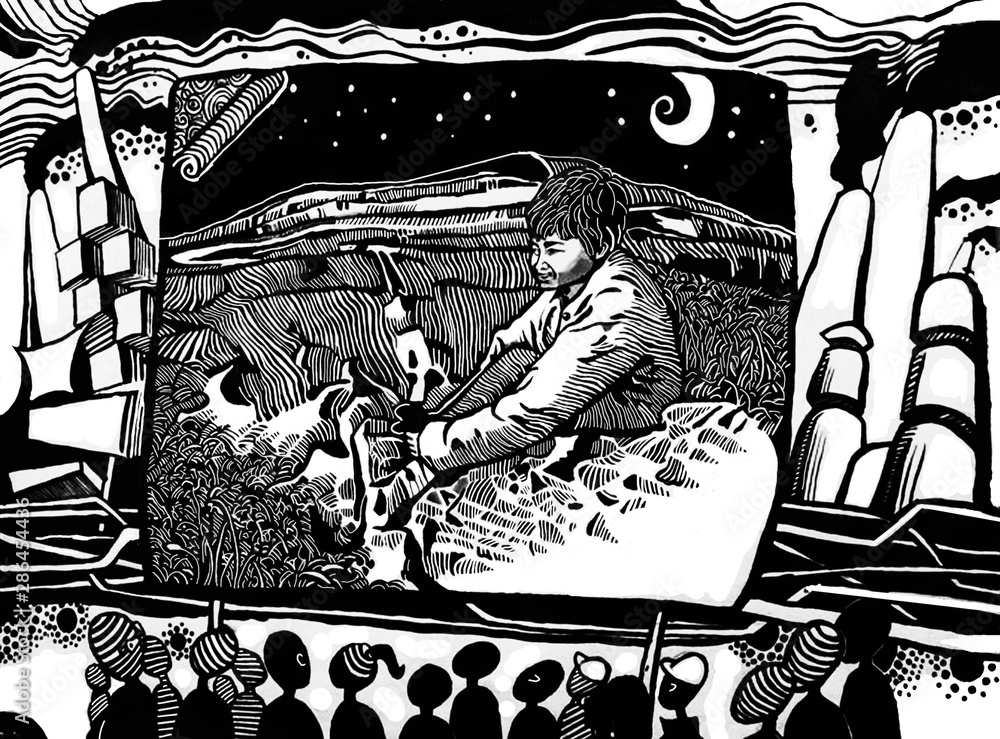 Obraz premium Illustration, art, printmaking, line drawing, boys, spectators, wilderness, spectators, pollution, environmental protection, environment,