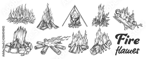 Collection Of Different Campfire Ink Set Vector. Forest Burning Firewood For Cooking Soup Meal. Warming Camping Tourist Campsite Light Element Hand Drawn In Vintage Style Monochrome Illustrations