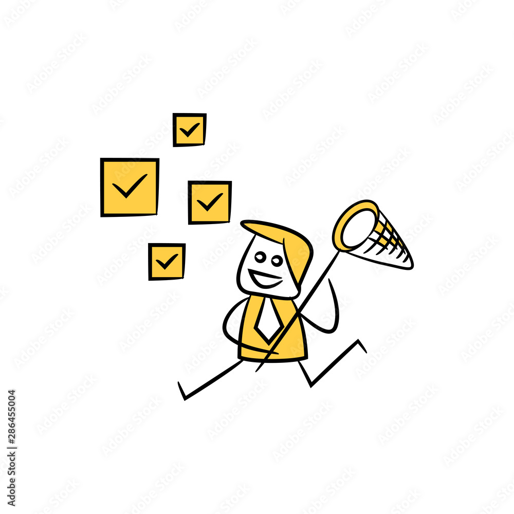 businessman using net spoon to catching check marks icon yellow stick figure