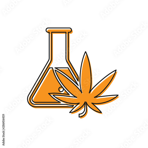 Orange Chemical test tube with marijuana or cannabis leaf icon isolated on white background. Research concept. Laboratory CBD oil concept. Vector Illustration