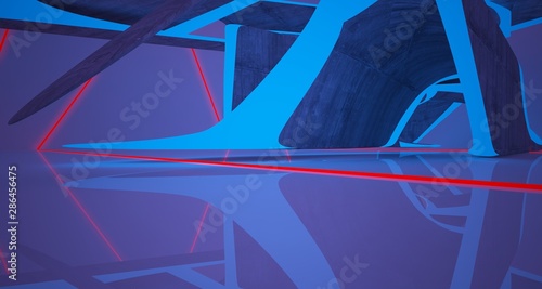 Abstract architectural concrete smooth interior of a minimalist house with color gradient neon lighting. 3D illustration and rendering.