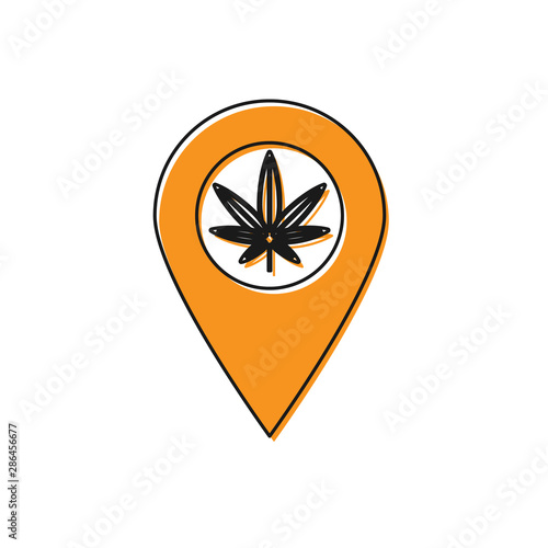 Orange Map pointer and marijuana or cannabis leaf icon isolated on white background. Hemp symbol. Vector Illustration