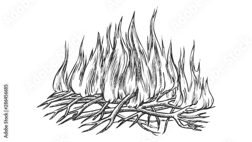 Traditional Burning Camping Fire Monochrome Vector. Tree Branch Sticks Twigs Fire Campfire. Sprouts Of Flame And Offshoot Of Plant Hand Drawn In Retro Style Black And White Illustration