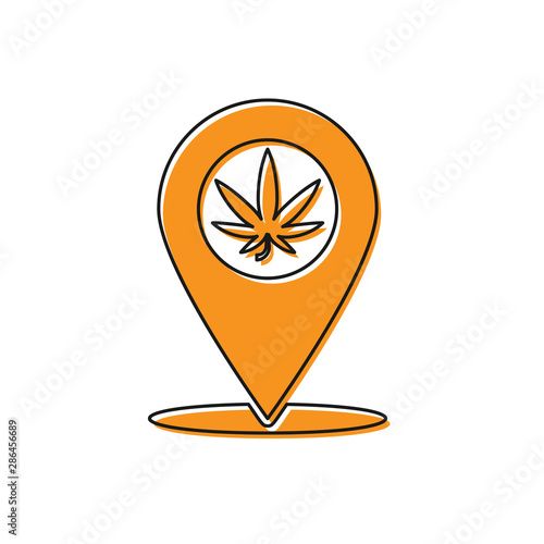 Orange Map pointer and marijuana or cannabis leaf icon isolated on white background. Hemp symbol. Vector Illustration