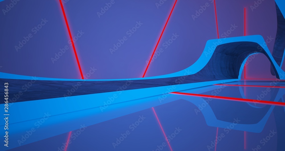 Fototapeta premium Abstract architectural concrete smooth interior of a minimalist house with color gradient neon lighting. 3D illustration and rendering.