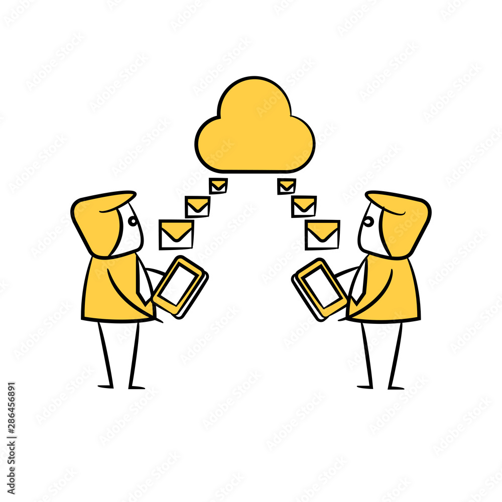 businessman receiving email from cloud yellow stick figure design